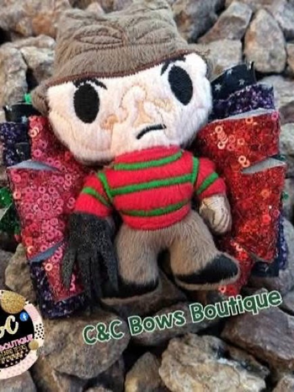 Kids Plush Horror Character Toy in Red & Green Striped Sweater
